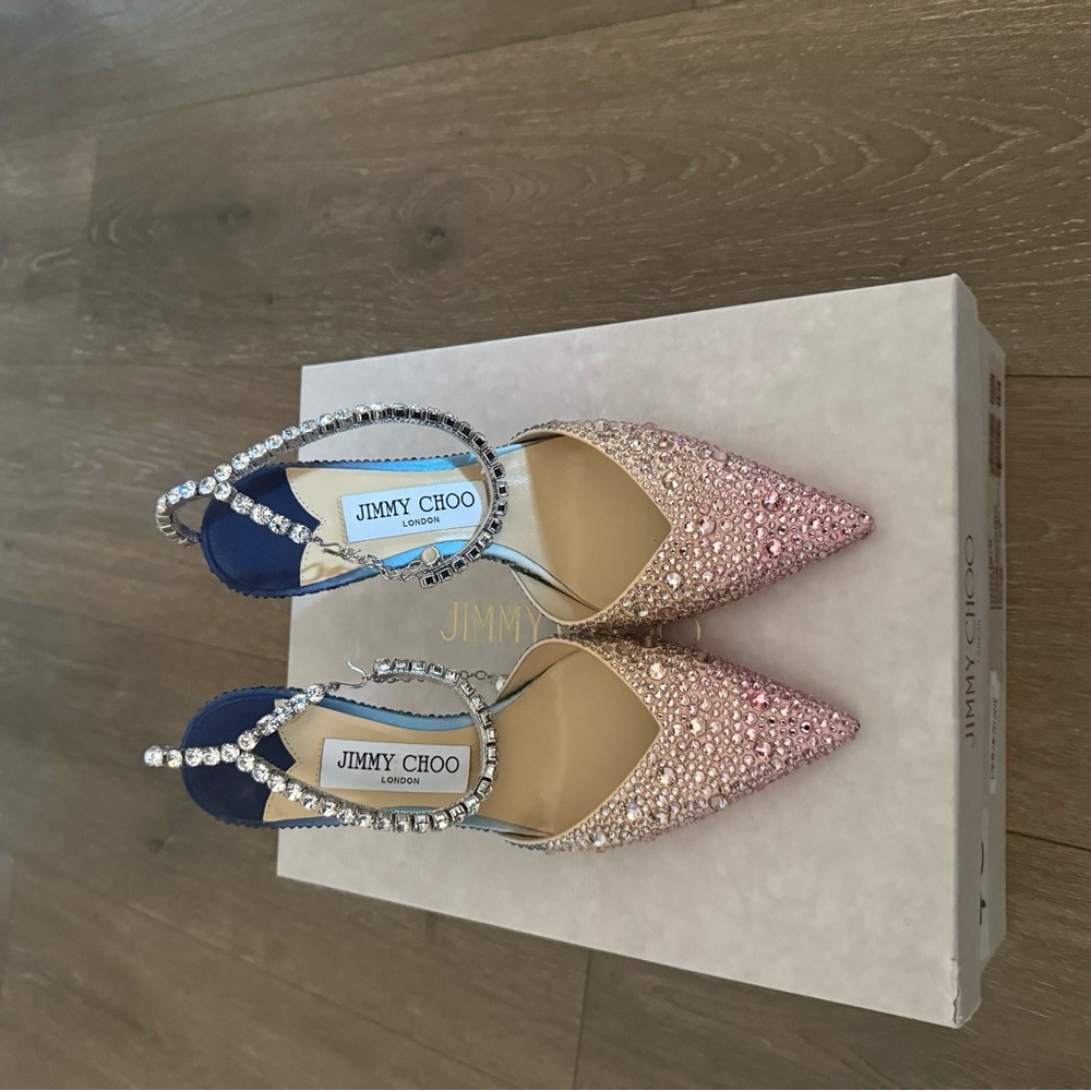Jimmy Choo Saeda 100 Satin Sunrise Mix Crystal Embellished Pumps| Size 36 | NEW - Picture 3 of 6